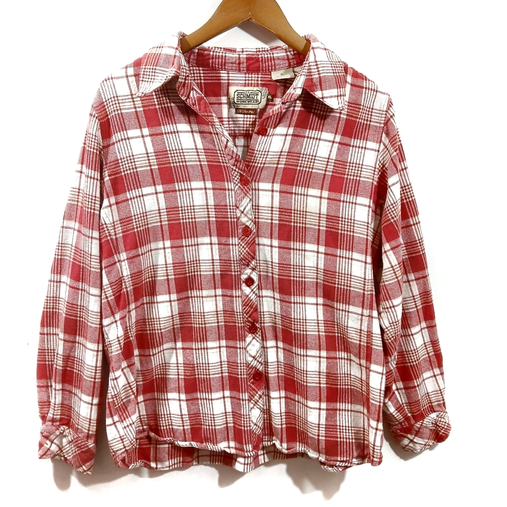 C.E. Schmidt Plaid Button Down • Red White Cottagecore Flannel XL